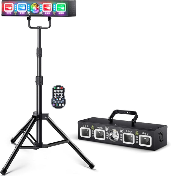 DJ Light with Stand, Pro 6 in 1 DMX & Sound Activated Laser Light Show Machine with Disco Ball Light, RGBW & UV Strobe Party Lights with Dj Light Stand for Home Party Gig Bar Stage Lighting