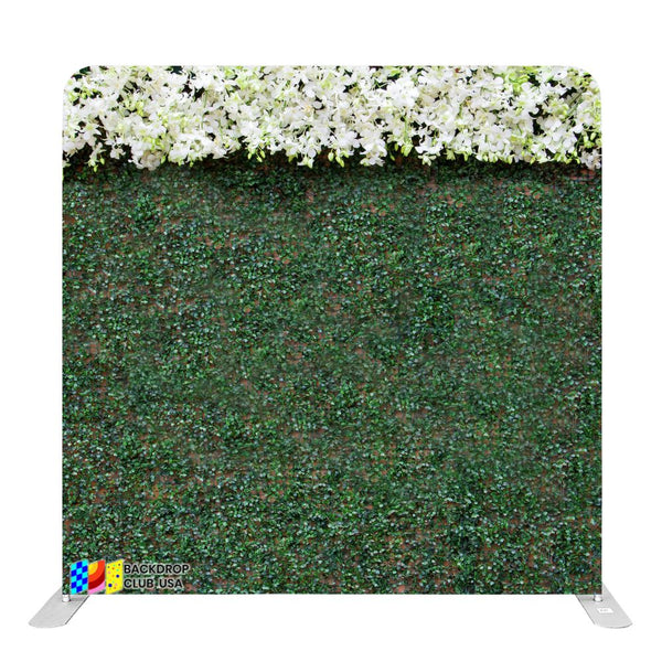 8ft x 8ft Greenery Wall with Floral Accents Turf with White Flower Pillow Tension Fabric Backdrop Rental Per Day (#36)