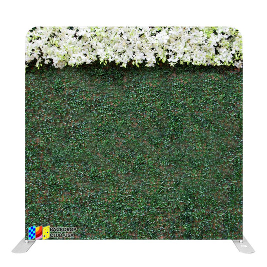 8ft x 8ft Greenery Wall with Floral Accents Turf with White Flower Pillow Tension Fabric Backdrop Rental Per Day (#36)