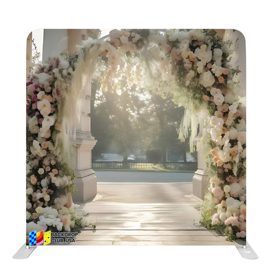 (#117) 8ft x 8ft Peach Floral Wedding Arch Tension Fabric Backdrop Rental Per Day