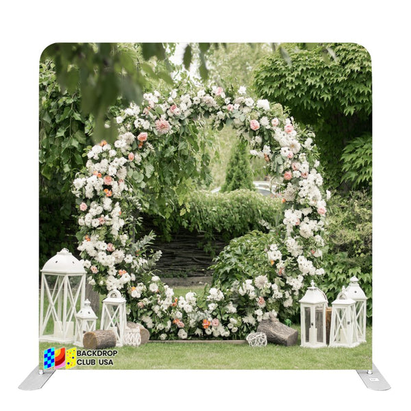 (#121) 8ft x 8ft Green Flower Wedding Entrance Pillow Tension Fabric Backdrop Rental Per Day