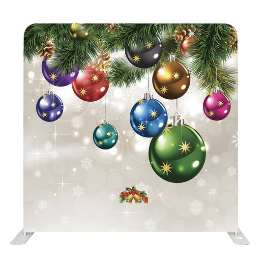 8ft x 8ft Festive Christmas Backdrop with Colorful Ornaments & Pine Garland Holiday Pillow Tension Fabric Backdrop Rental Per Day (#54)