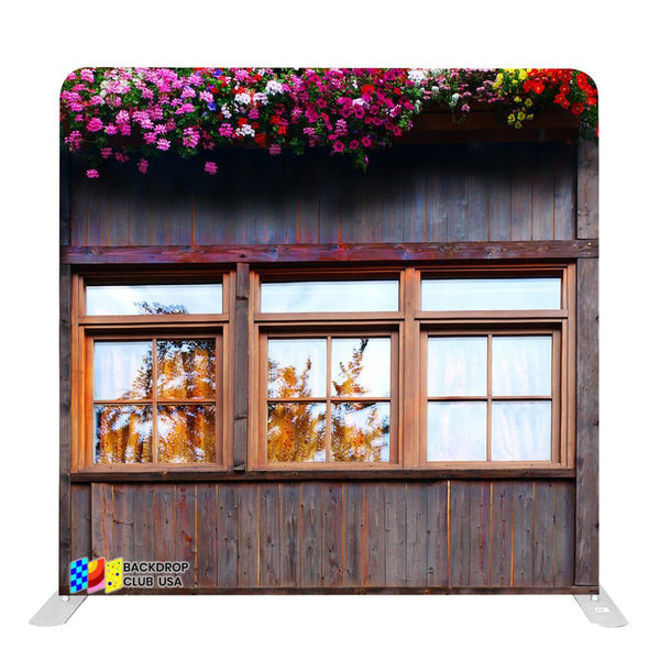 8ft x 8ft Rustic Wooden Window Flower Wedding Tension Fabric Backdrop Rental Per Day (#92)
