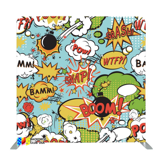 (#29) 8ft x 8ft Comic Boom Happy Birthday Pillow Tension Fabric Backdrop Rental Per Day