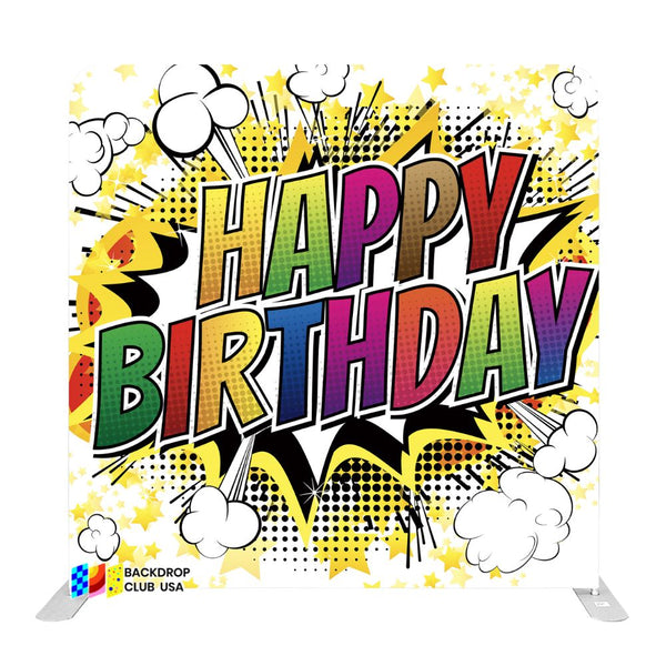8ft x 8ft Comic Boom Happy Birthday Pillow Tension Fabric Backdrop Rental Per Day (#132)
