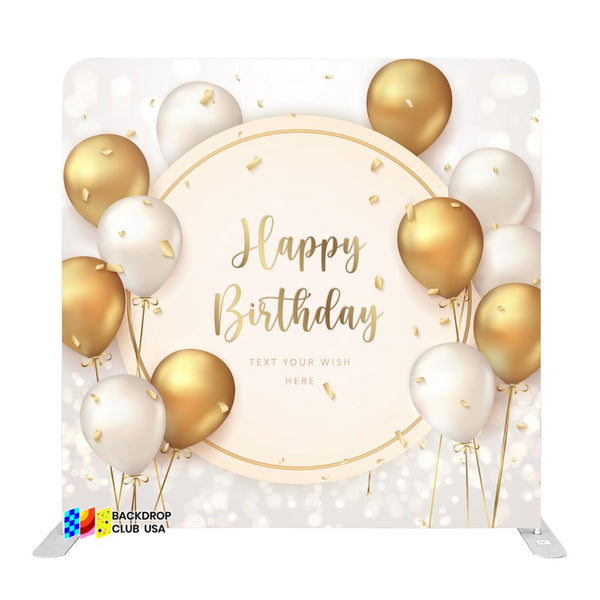 8ft x 8ft White Gold Balloons Happy Birthday Pillow Tension Fabric Backdrop Rental Per Day (#99)