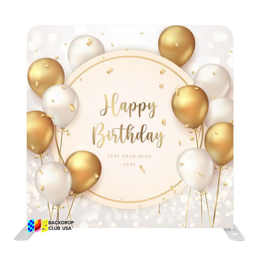 8ft x 8ft White Gold Balloons Happy Birthday Pillow Tension Fabric Backdrop Rental Per Day (#99)
