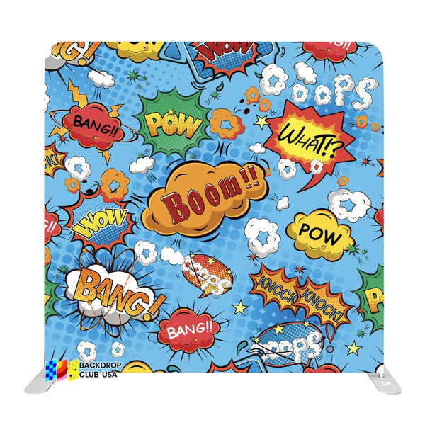 8ft x 8ft Comic Boom Happy Birthday Tension Fabric Backdrop Rental Per Day (#113)