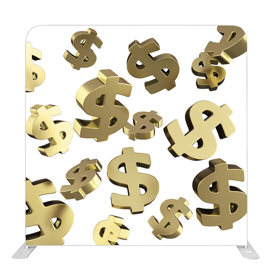 (#123) 8ft x 8ft Gold Dollar Signs Pillow Tension Fabric Backdrop Rental Per Day