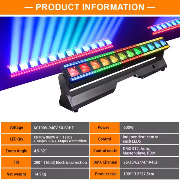 LEDs 600W Rattlesnake 1240 12 Head RGBW 4in1 Dmx Control Moving Bar Light for DJ Disco Club Stage Lighting